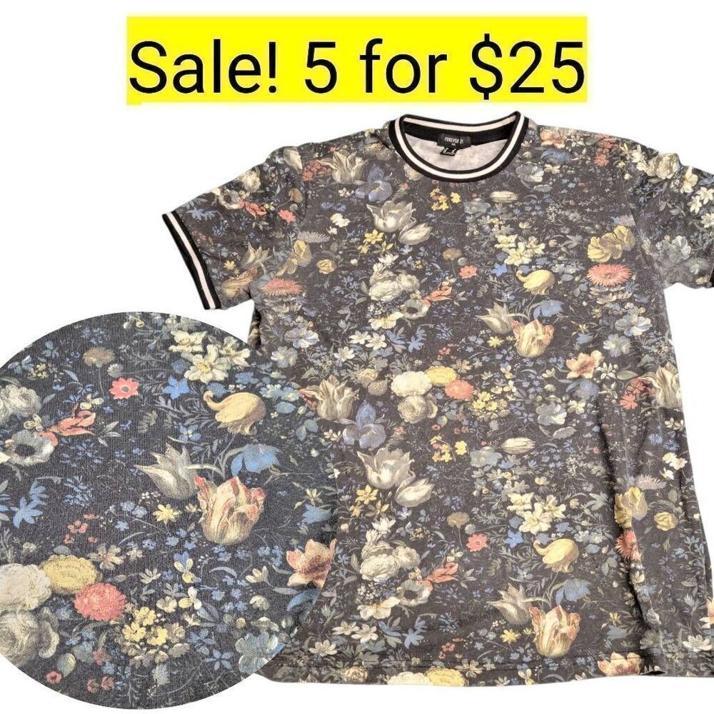 Forever 21 Men Charcoal Floral Tee Shirt Top on Sale 5 for $25